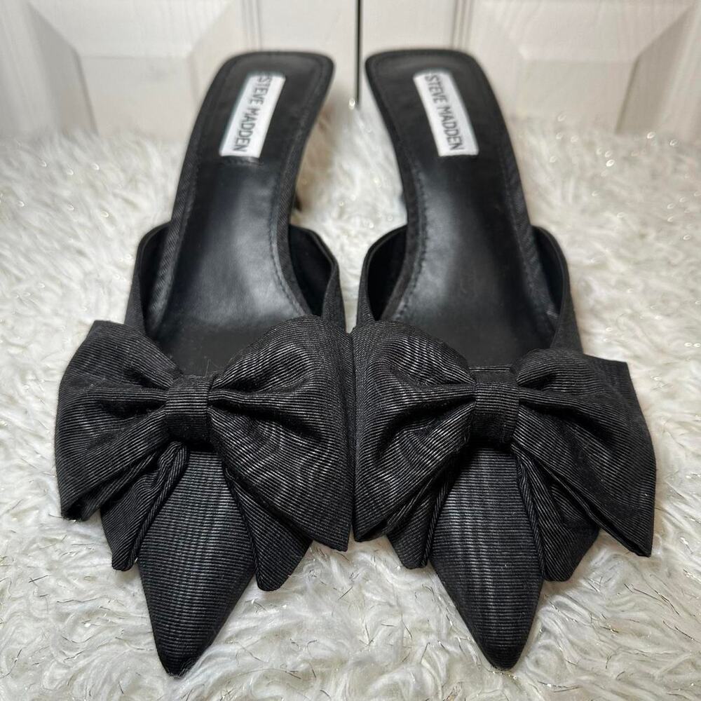 Steve Madden Y2K Black Bow Pointed Toe Mules Kitten Heel Slip On Pumps - Picture 3 of 6